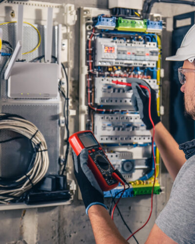 Man, an electrical technician working in a switchboard with fuses. Man, an electrical technician working in a switchboard with fuses. Installation and connection of electrical equipment. Professional uses a tablet.